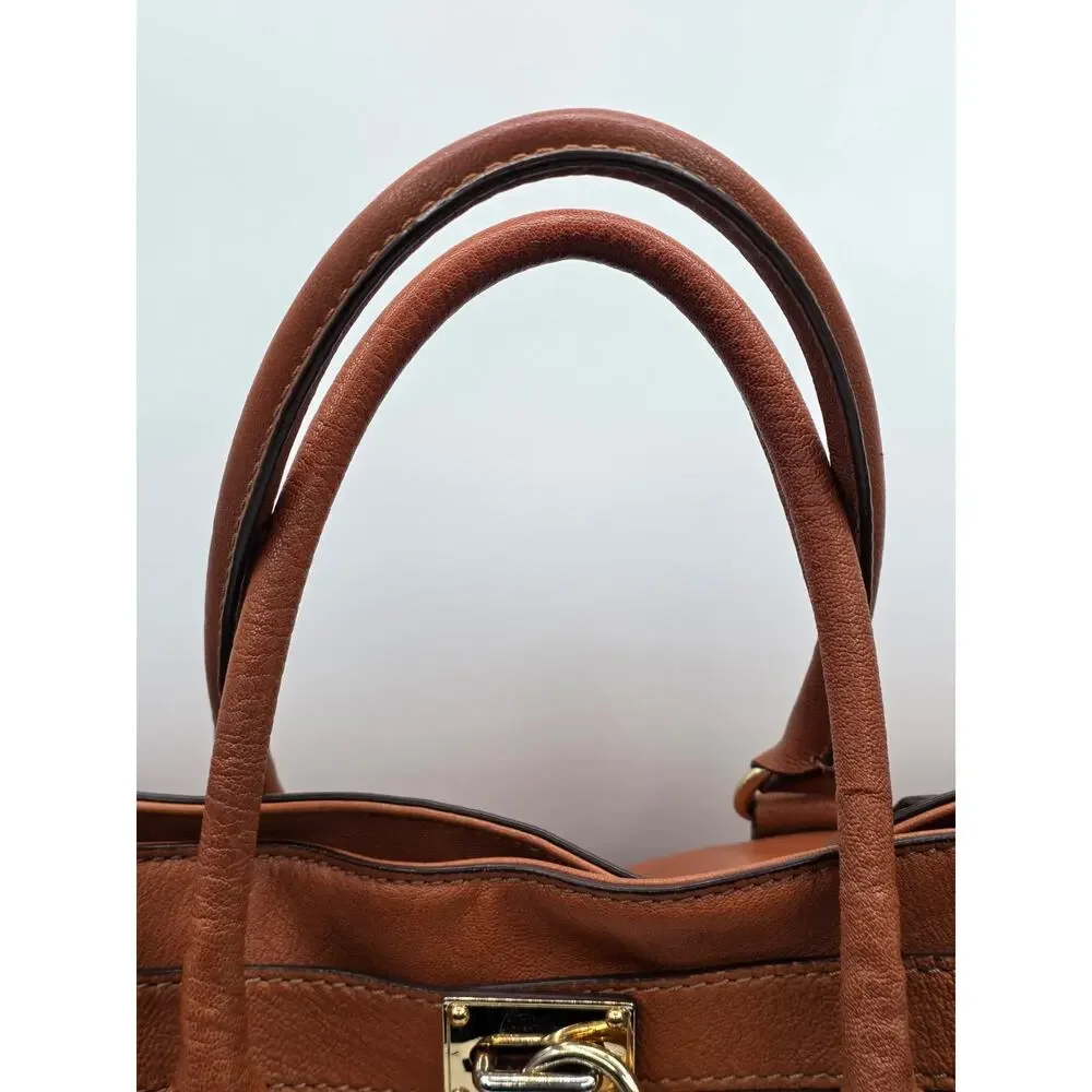 Michael Kors Hamilton Large Leather Tote Satchel Luggage Brown Gold Lock Key